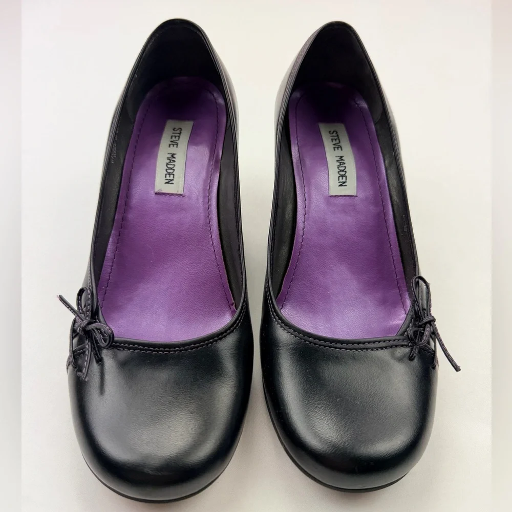 Steve Madden Volit Black Leather Kitten Heel Pumps Bow Detail Size 8B - Picture 2 of 10